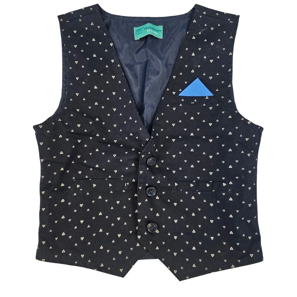 Teamspirit Boys Navy Blue Gold Triangle Print Waistcoat Vest Pocket Square 3-4Y